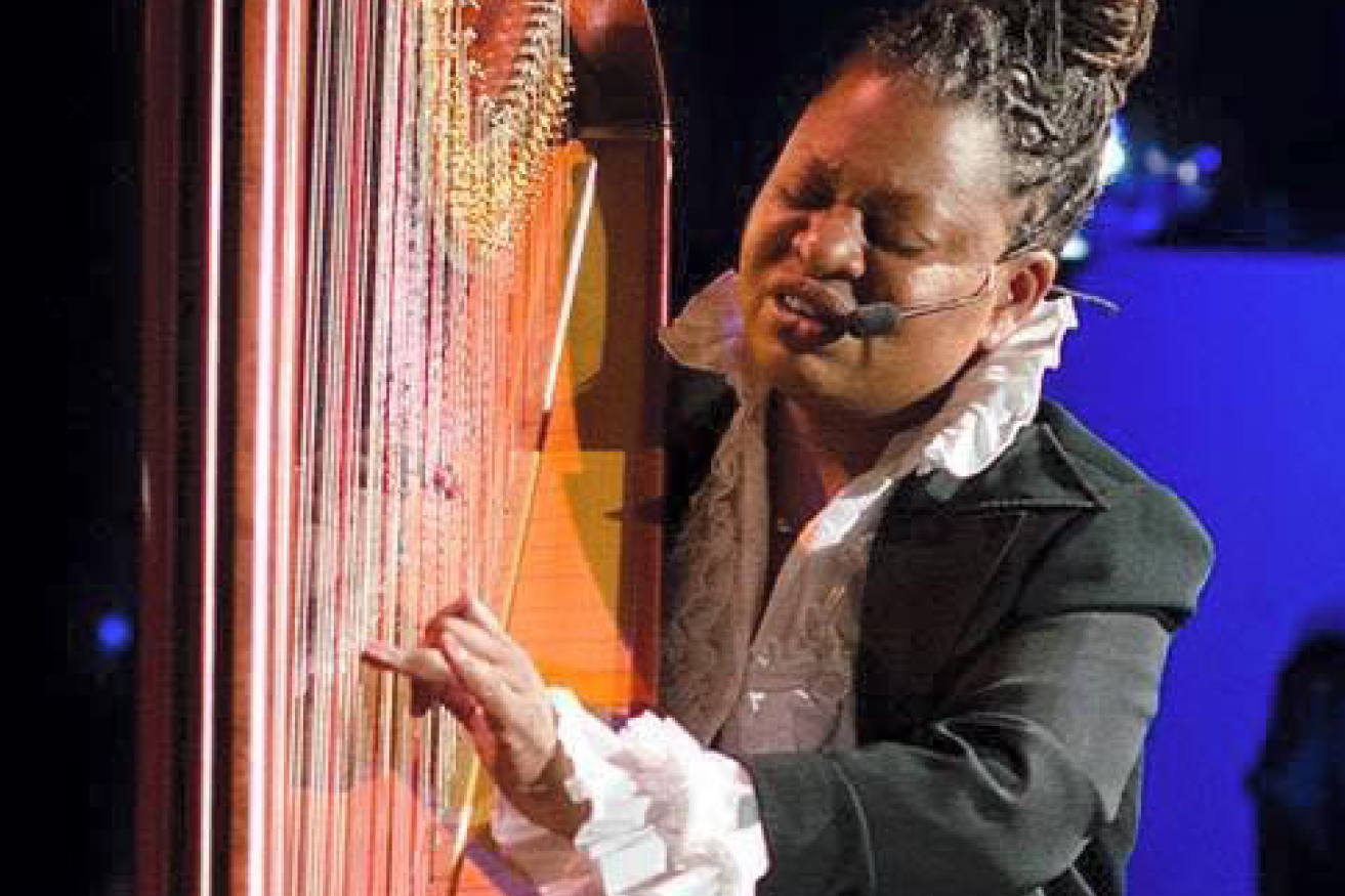 Destiny Muhammad performs jazz harp and sings at Stanford Jazz Festival on Sunday, July 7 at Stanford University. Her innovative style blends jazz, storytelling, and improvisation for a captivating performance.